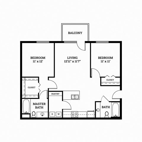 Floor plan for 2 beds, 2 baths, 988 sqft